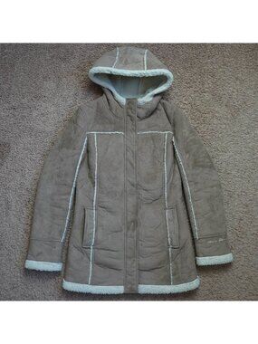 Think Pink Faux Shearling Coat Womens M Brown Hooded Sherpa Lined Jacket Suede